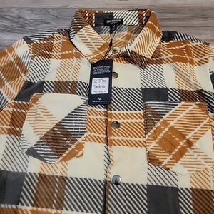 True Religion Polar Fleece Shacket Mens Large‎ Brown Gray Allover Gometric NWT